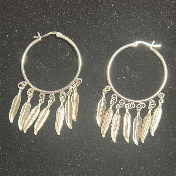 Silver Feather Hoop Earrings - Picture 4 of 5
